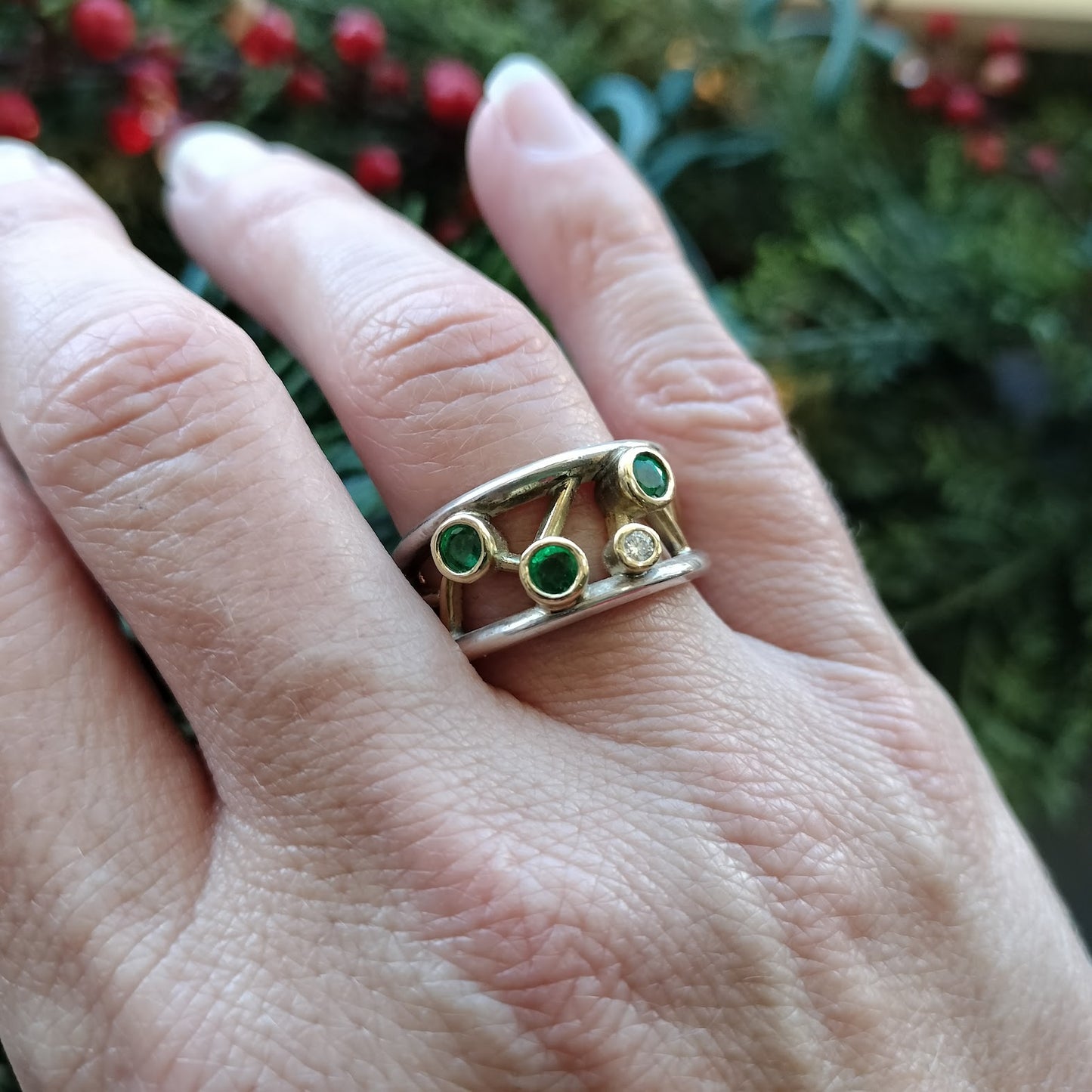 RARE Custom Made 18K Yellow Gold, Sterling Silver, Emerald, & Diamond Ring Size 8.5