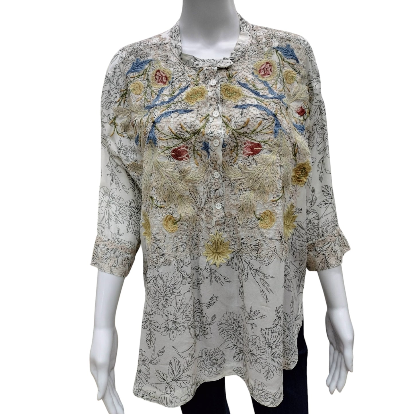 Johnny Was silk embroidered blouse Size S