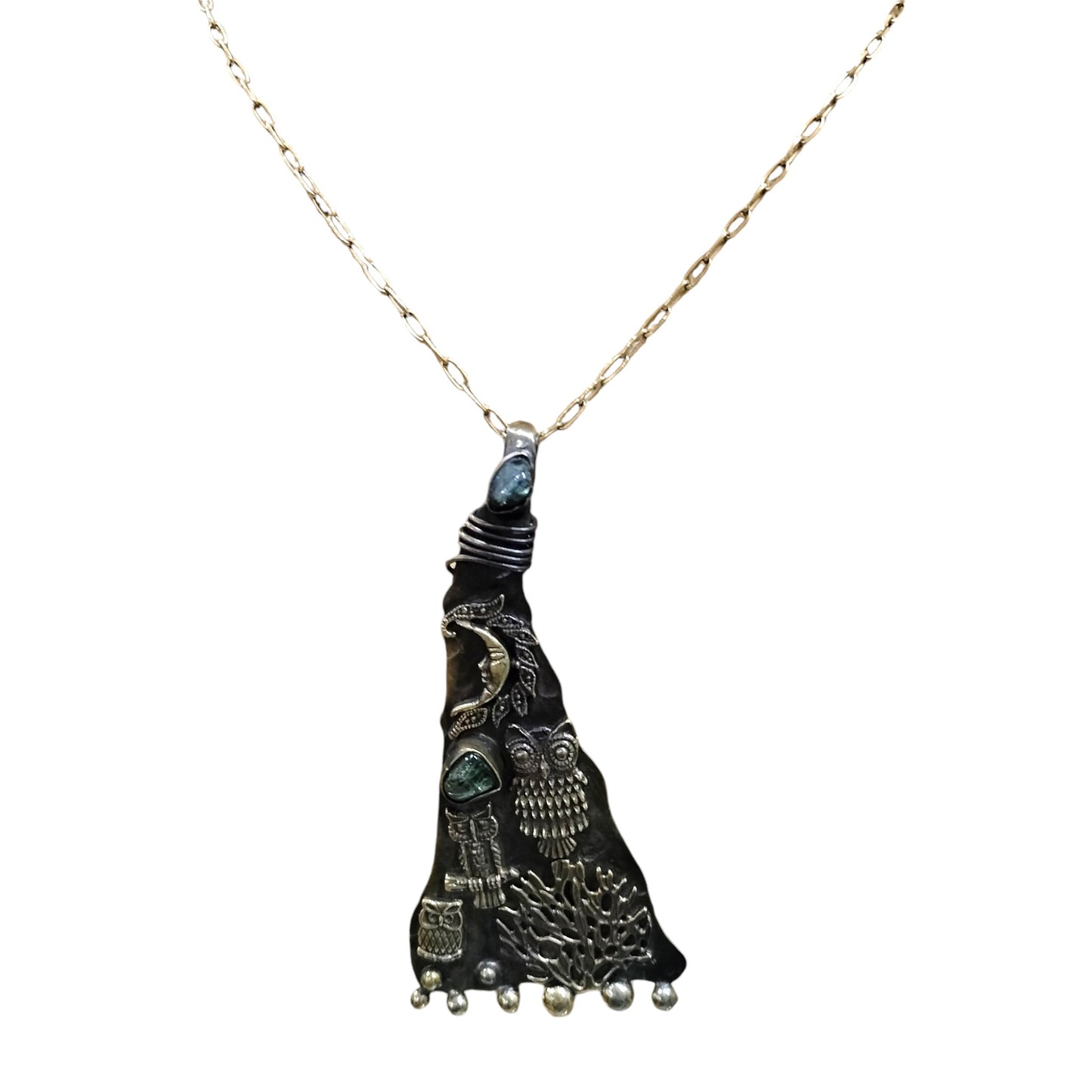 Artisan Crafted Brass necklace with Owl and Moon details featuring Labradorite stone