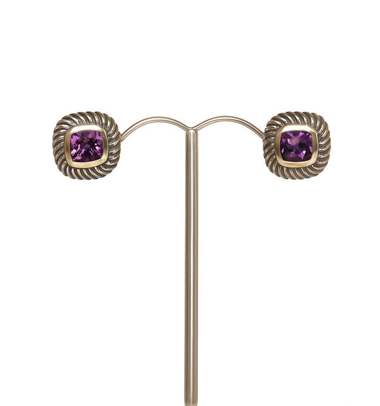 David Yurman 925 Silver and 14K Gold Amythest Cable Stud Earrings