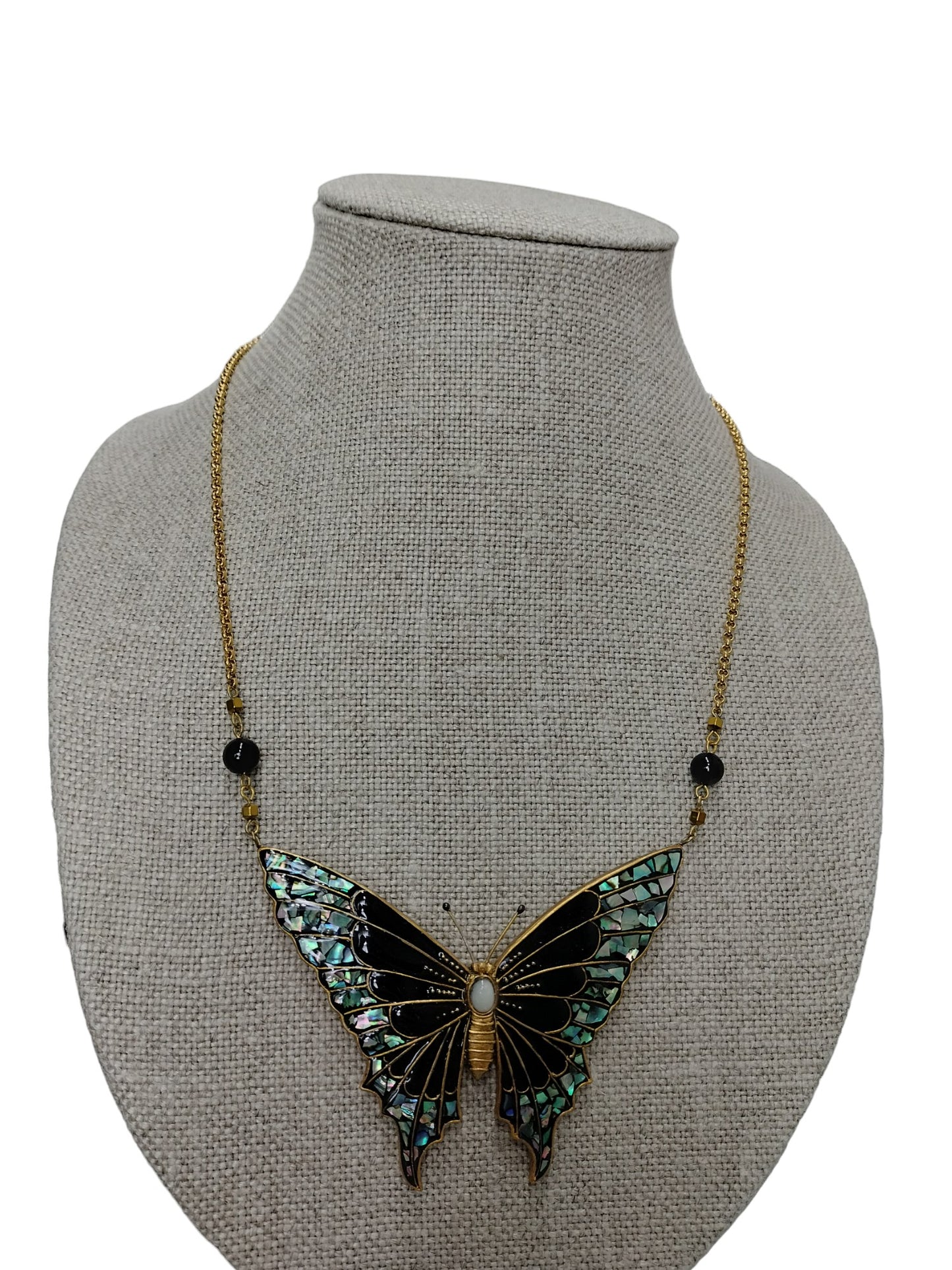 Artisan crafted butterfly necklace with gold foil,black enamel, Abalone, opal