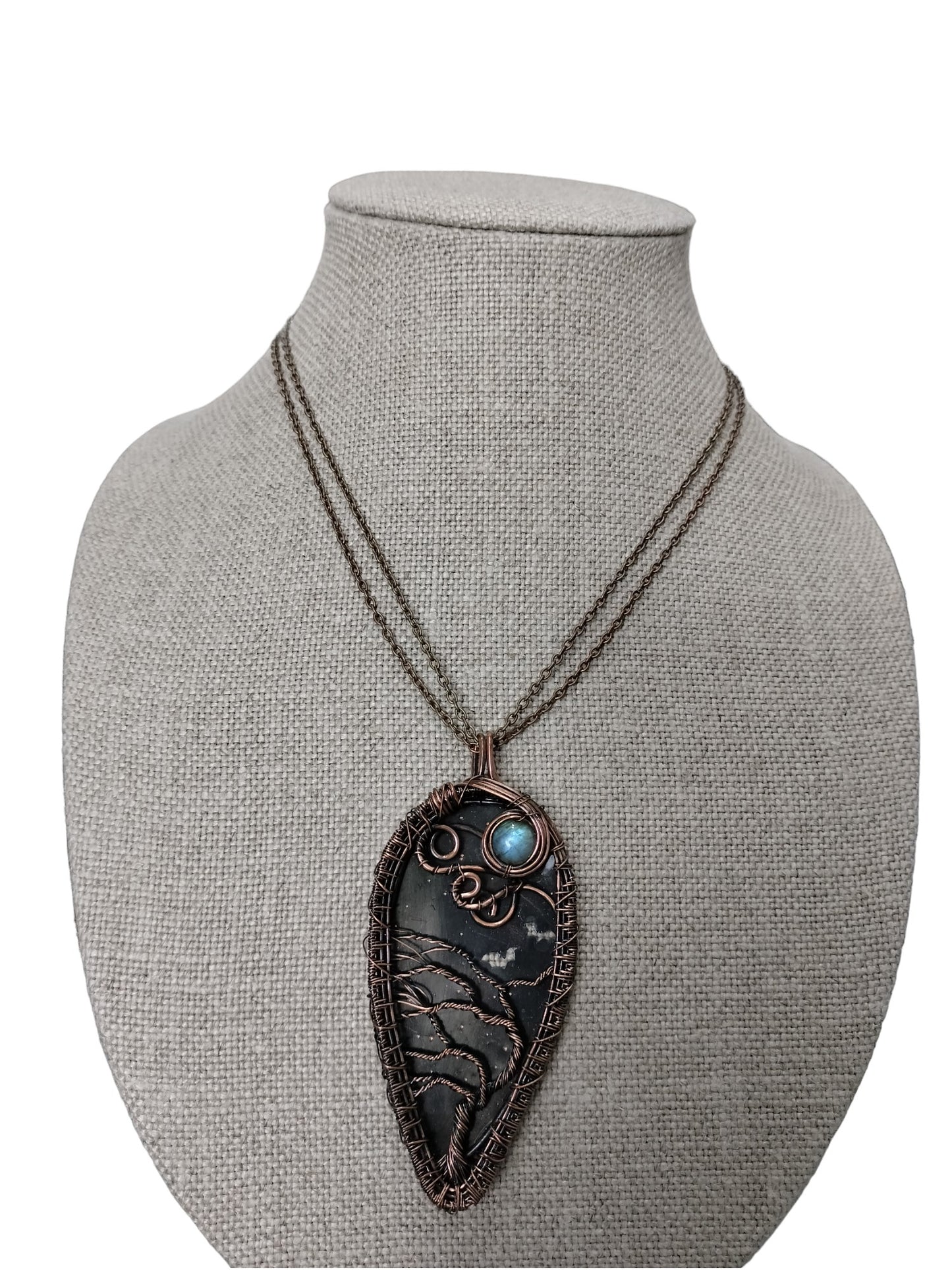 Oriole Jewelry - copper wire Nightsky w/bats cutout & moon as Labradorite