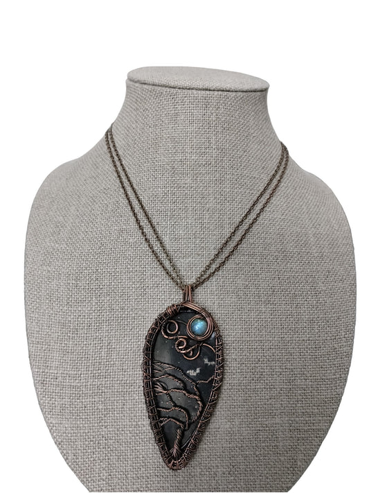 Oriole Jewelry - copper wire Nightsky w/bats cutout & moon as Labradorite