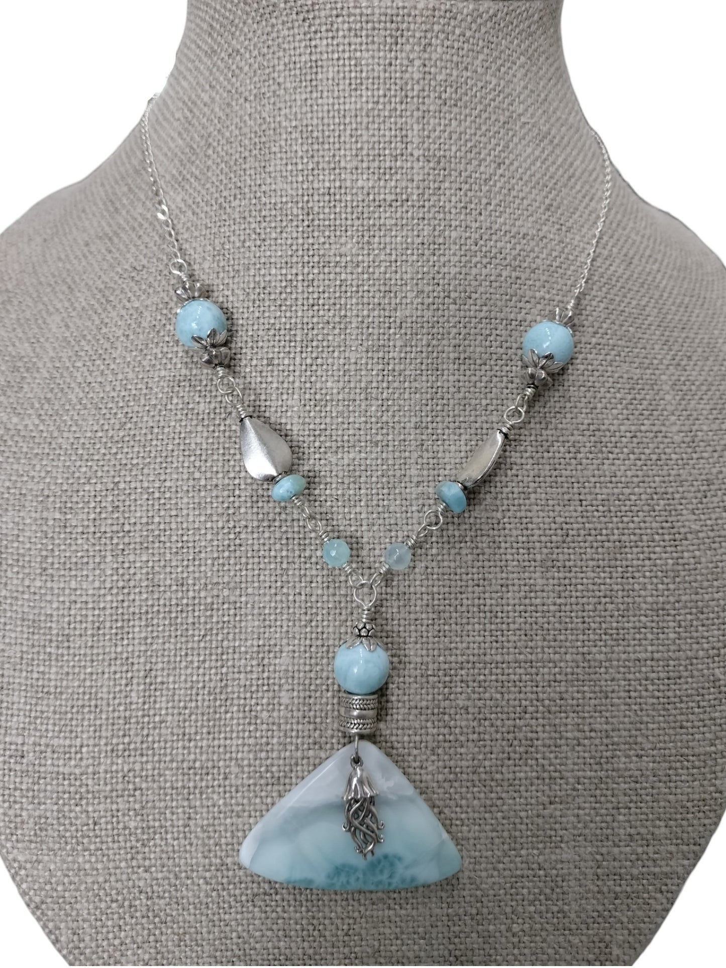 Sterling Silver Necklace with Larimar beads & a full stone