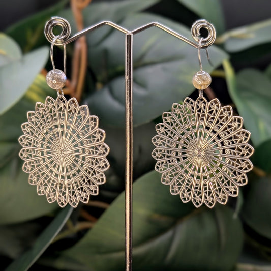 Filagree Circle Plated Earrings with Labradorite