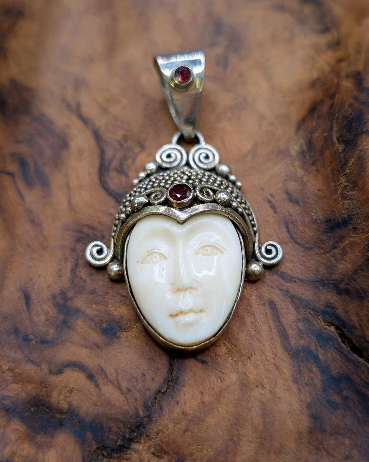 Garnet & Carved Bone Buddha Pendant