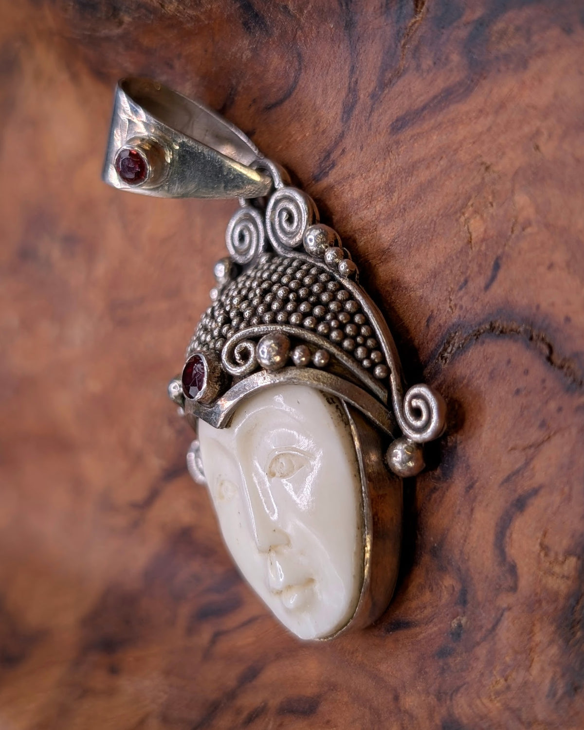 Garnet & Carved Bone Buddha Pendant