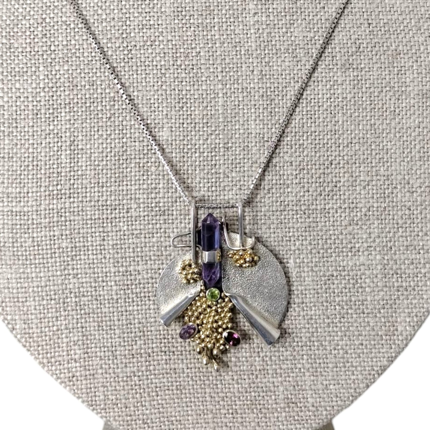 Michou necklace in Sterling silver with brushed gold details & Amethyst crystal, Peridot and Tourmaline