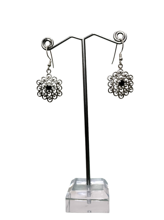 Sterling Silver (925) Medallion Earrings with Black Onyx