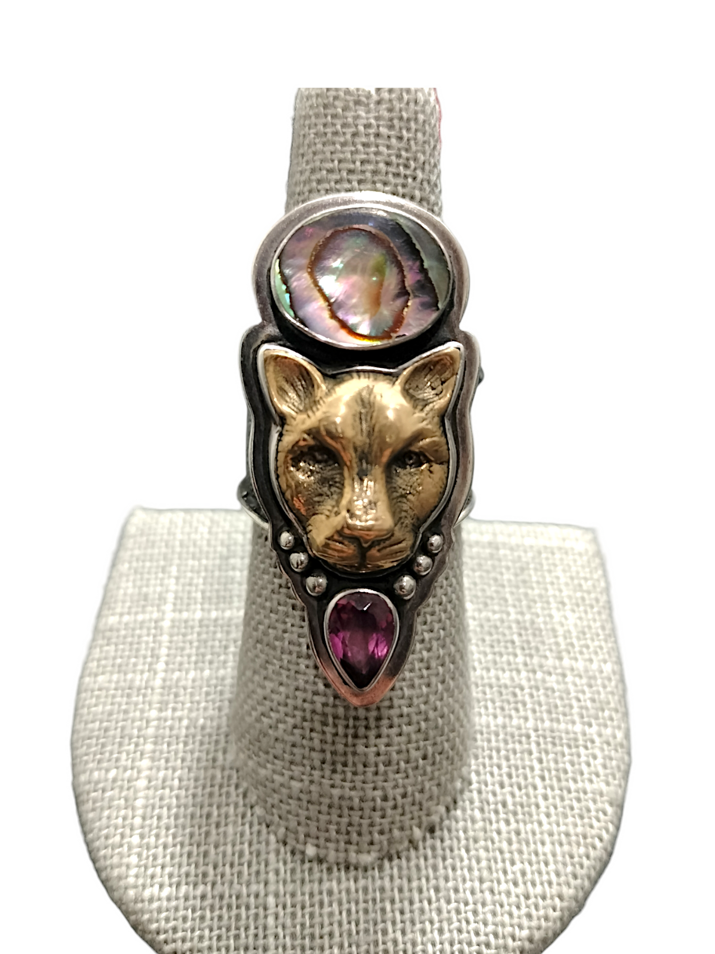 Tabra ring w pink Tourmaline & Abalone - sterling silver & Bronze