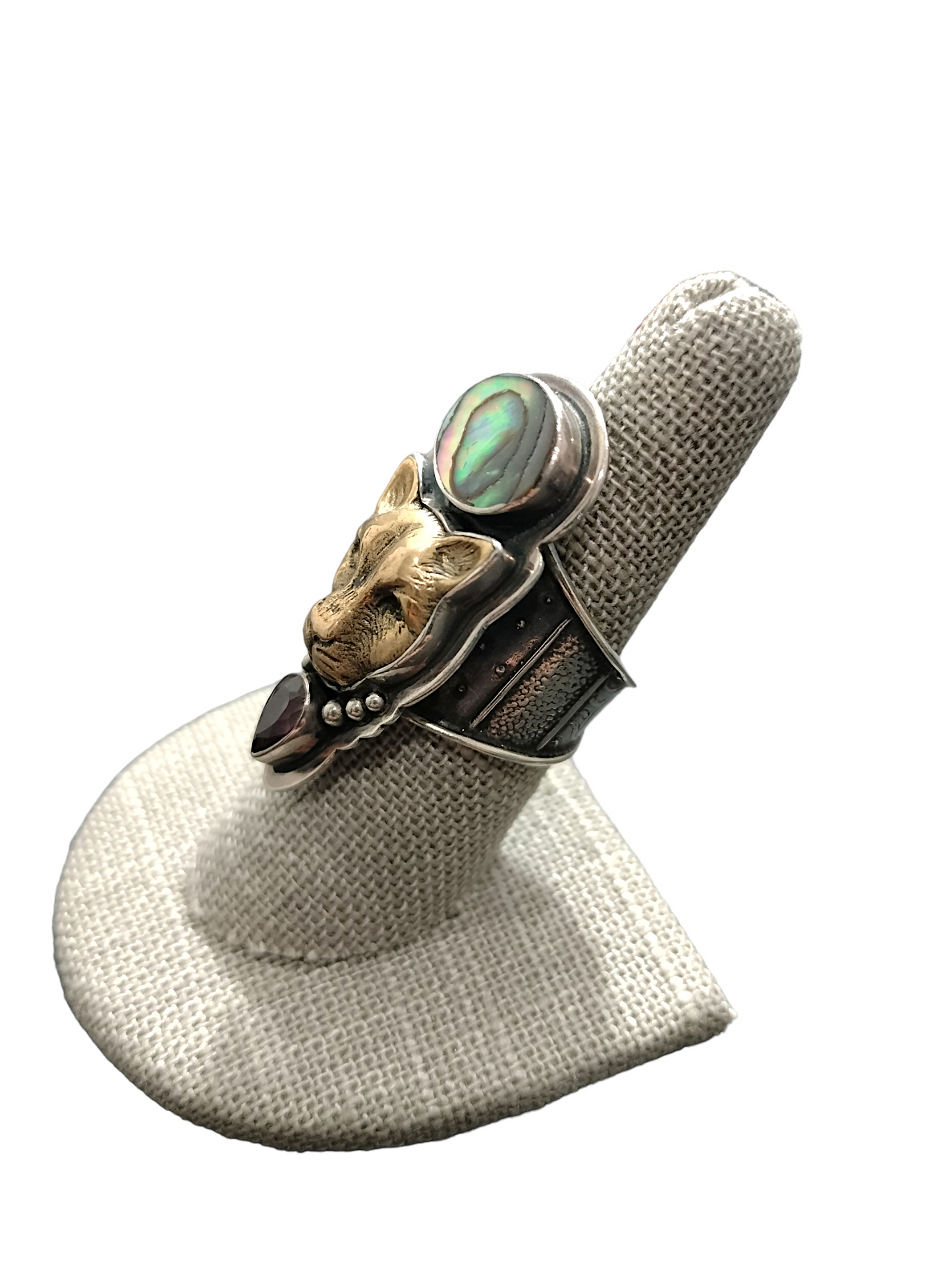 Tabra ring w pink Tourmaline & Abalone - sterling silver & Bronze