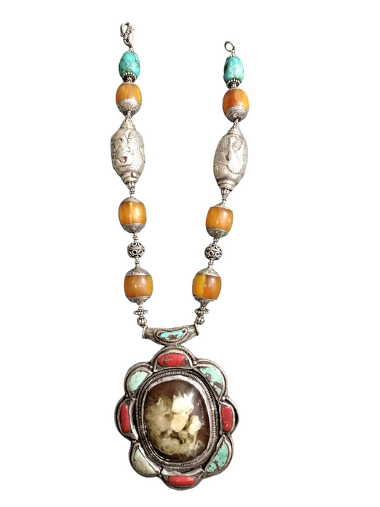 Artisan Crafted Necklace Turquoise, Coral & Amber Sterling Silver Hardware, Accent Beads & Pendant Metal