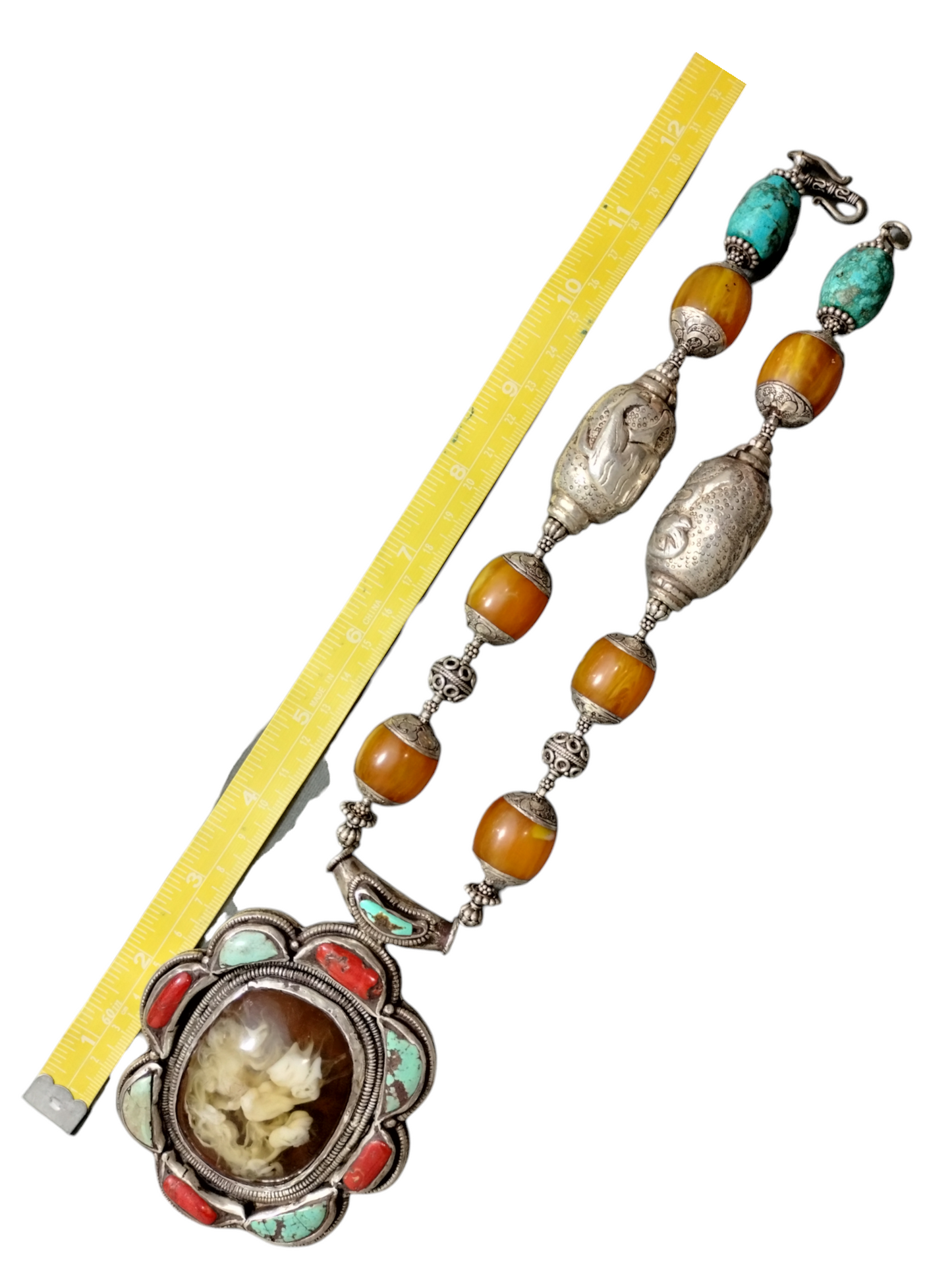 Artisan Crafted Necklace Turquoise, Coral & Amber Sterling Silver Hardware, Accent Beads & Pendant Metal