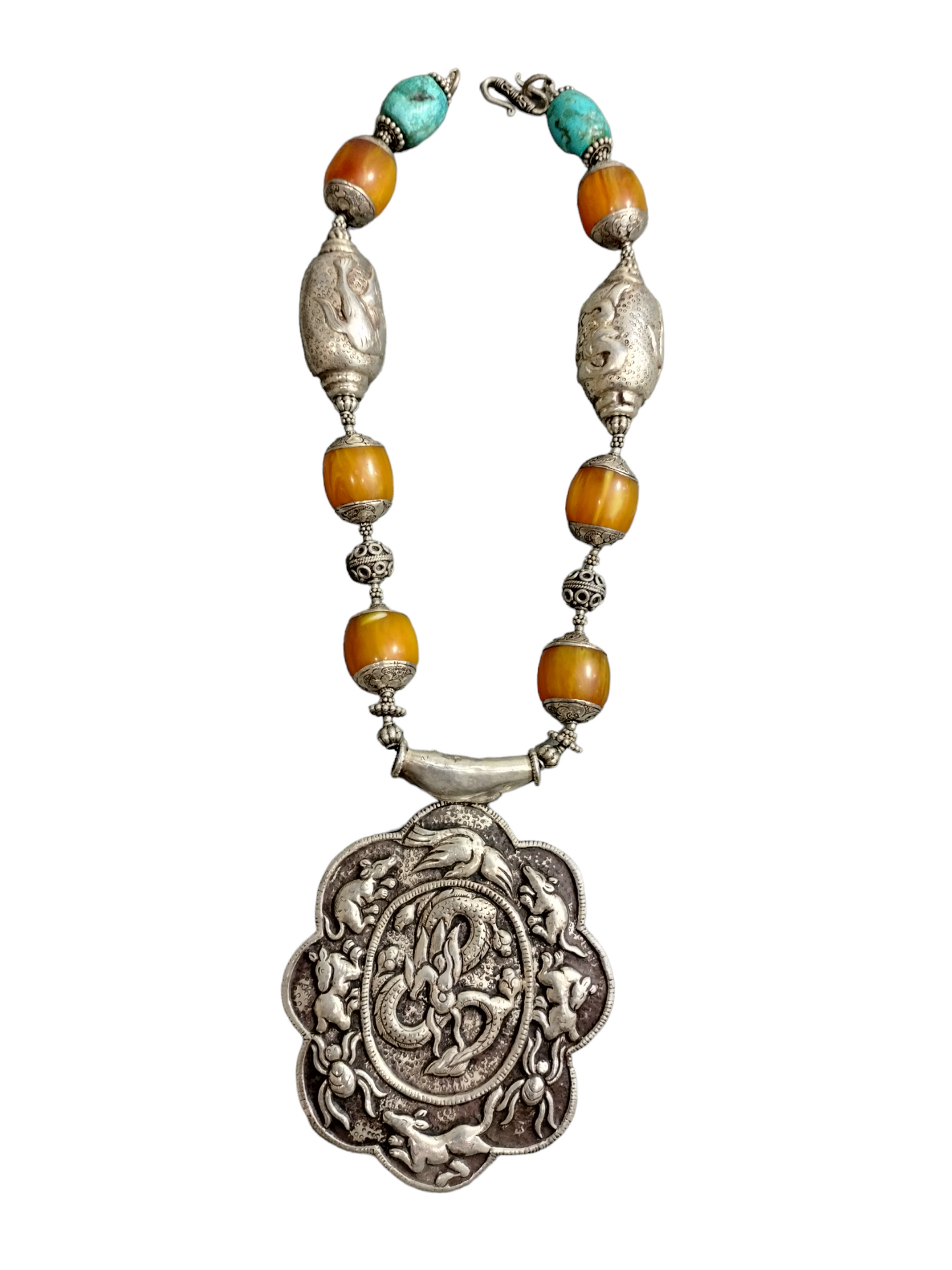 Artisan Crafted Necklace Turquoise, Coral & Amber Sterling Silver Hardware, Accent Beads & Pendant Metal