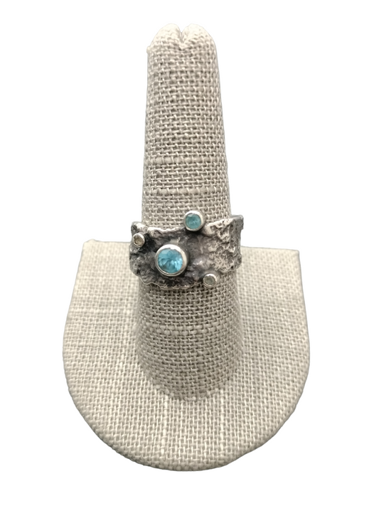 Jason Janow sterling silver tree bark ring with Blue Topaz Size 9