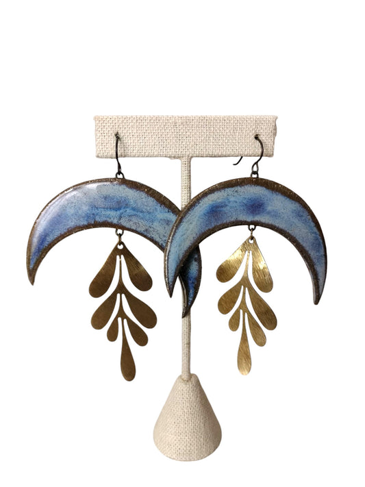 Daily Magic Handmade Ceramic Earrings - with Crescent Moon & Brass Accents